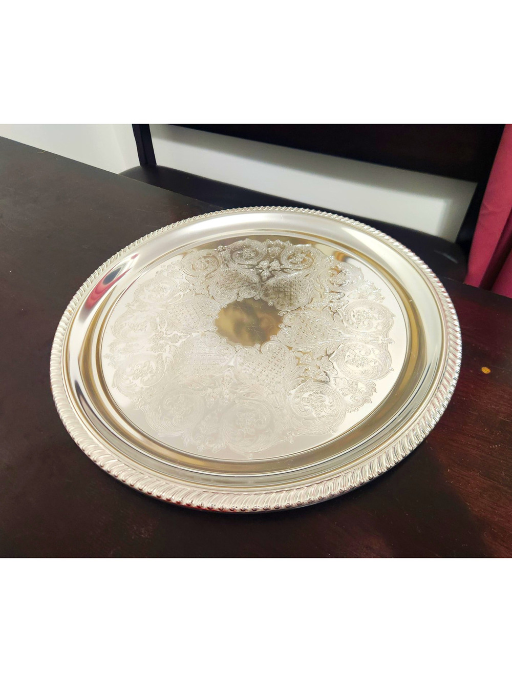 Vintage Round Silver-Tone Metal Serving Tray, Floral Etched, Glossy, 15 in